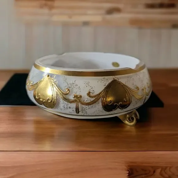 VTG Bohemian Czech Opaline Glass Bowl with Gold Motif Smoke Bowl/Candy Bowl READ - Picture 1 of 16